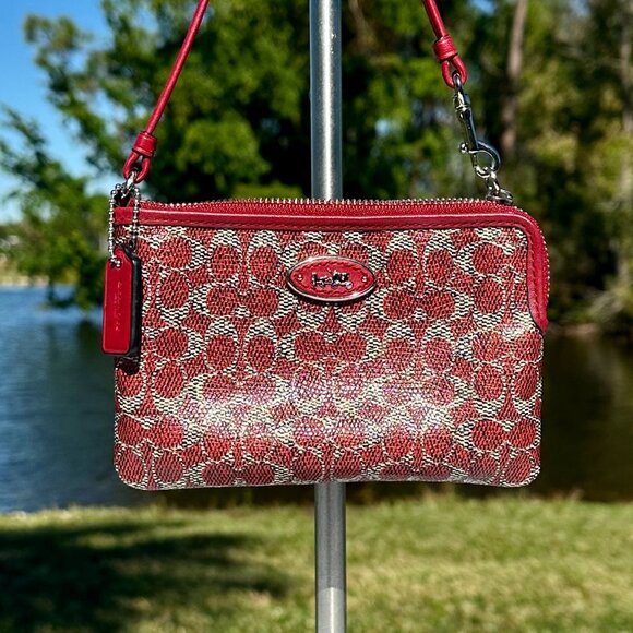 COACH Red Grey Holiday Signature Coated Canvas & Red Leather Trim Wristlet Pouch - Picture 1 of 16